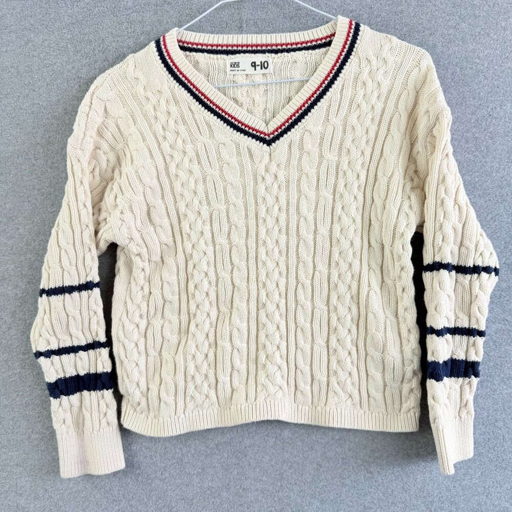 Cotton On Kids Cable Knit V-Neck Sweater Cream Navy Stripes Sz 9-10